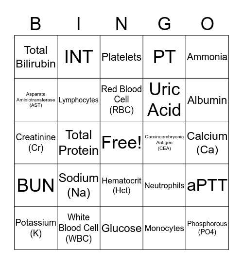 Laboratory Value  Bingo Card