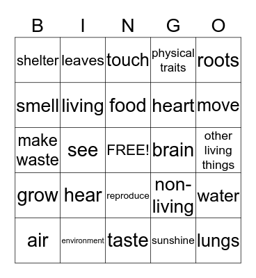 Living Things Bingo Card