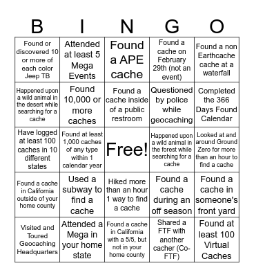 Geocaching Bingo Card