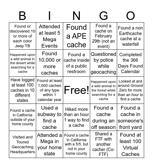 Geocaching Bingo Card