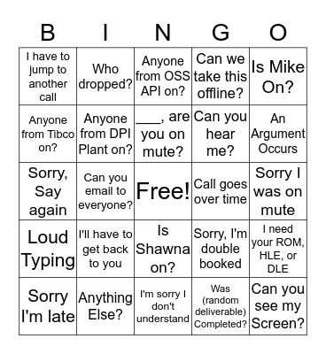 Frontier Conference Call Bingo Card