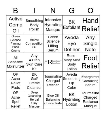 Aveda Bingo Card