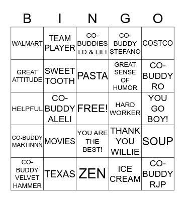 Thank You Willie Thomas - We Appreciate YOU! Bingo Card
