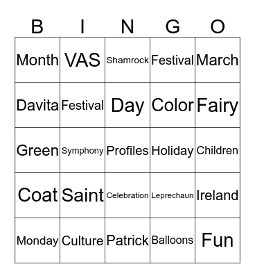 Saint Patrick's Day Bingo Card