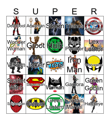 SUPER Bingo - Heroes and Villains Bingo Card