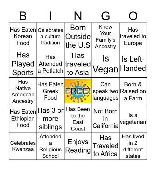 Culture Diversity  Bingo Card
