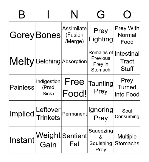 Digestion Bingo Card