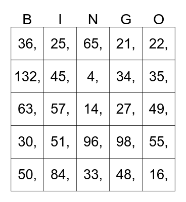 Multiplication Facts Bingo Card