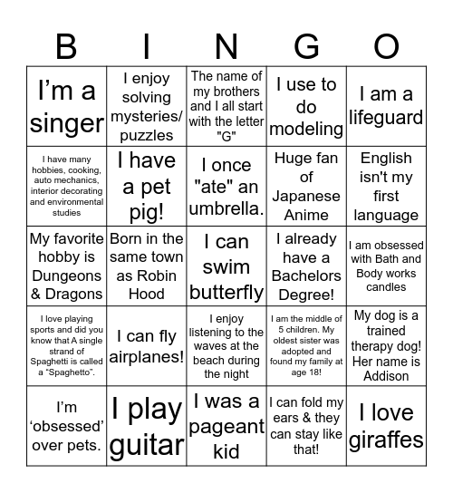 Spirit Bingo Card