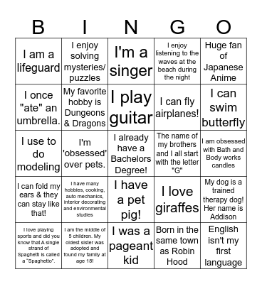 Spirit Bingo Card