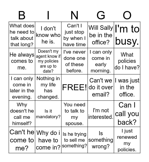 Objections Bingo Card