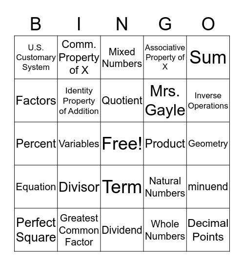 7/6 Unit 1 Vocabulary Bingo Card