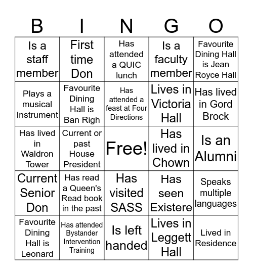 Orientation Human Bingo! Bingo Card