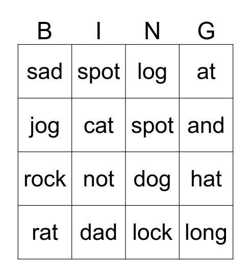 Short "a" and "o" Bingo Card