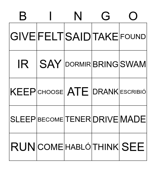 Bingo Verbs Bingo Card