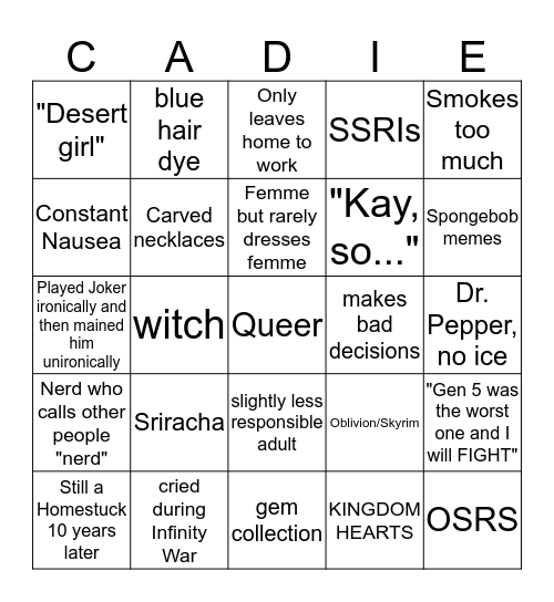 How similar to Cadie are you? Bingo Card