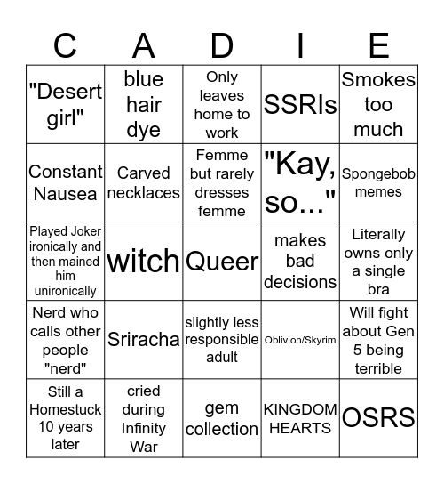 How similar to Cadie are you? Bingo Card