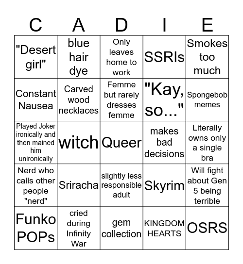How similar to Cadie are you? Bingo Card