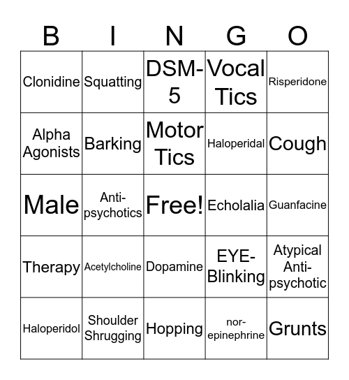 Tourette's Bingo Card