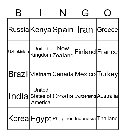 Countries Bingo Card