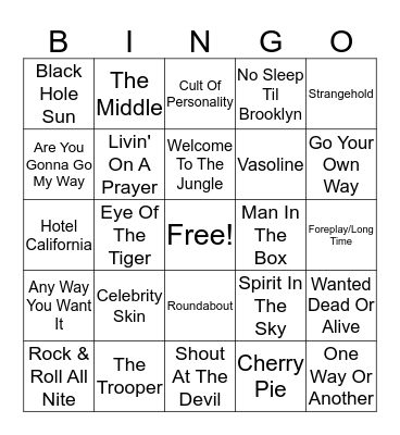 Guitar Hero/Rock Band Bingo Card