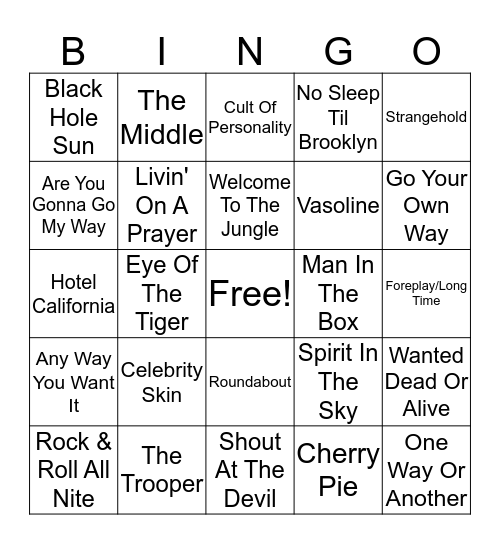 Guitar Hero/Rock Band Bingo Card