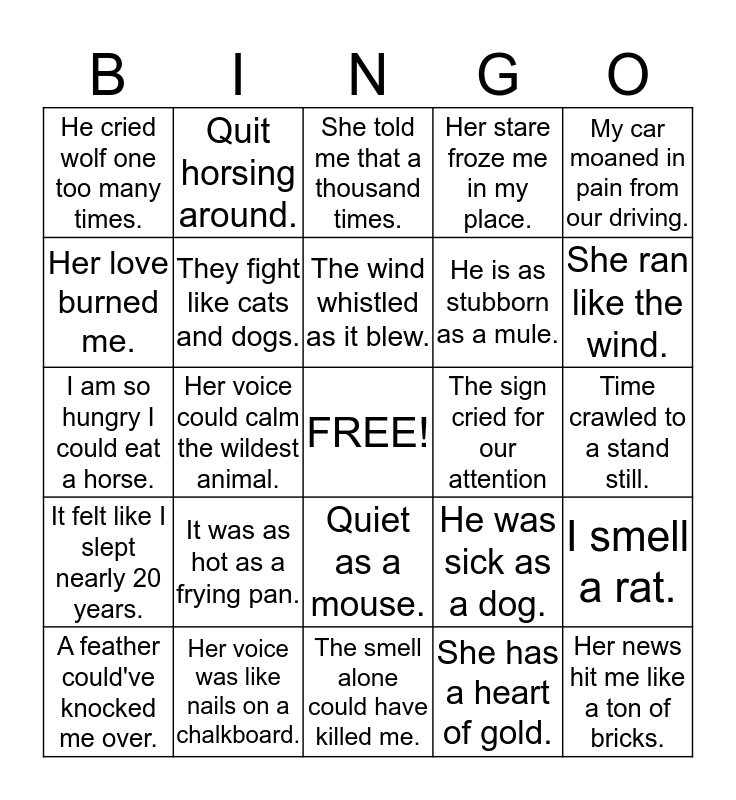 Figurative Language Bingo Card