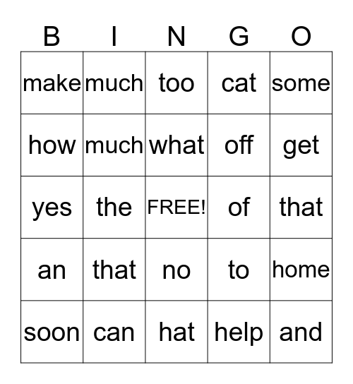 High Frequency Words Bingo Card