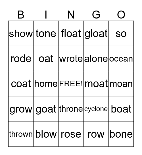 Long O Bingo Card
