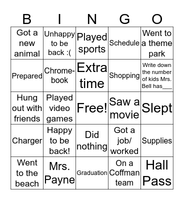 1st Day Bingo Card