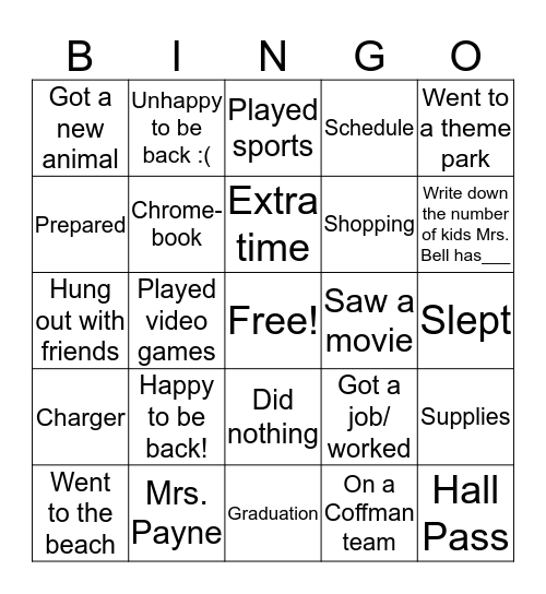 1st Day Bingo Card