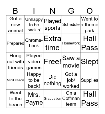 1st Day Bingo Card