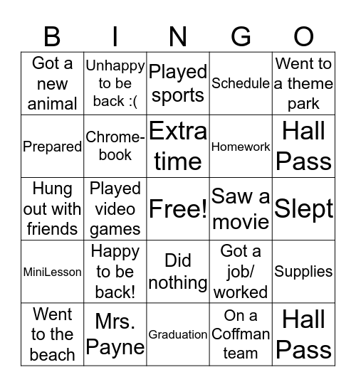 1st Day Bingo Card