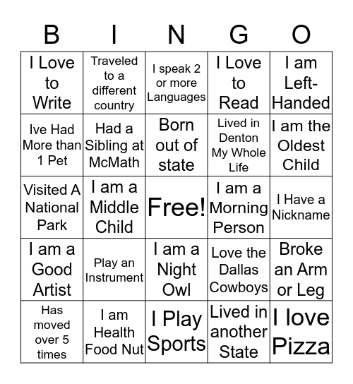 About Me Bingo Card