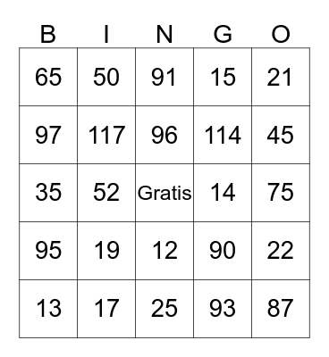 Spanish Numbers Bingo Card