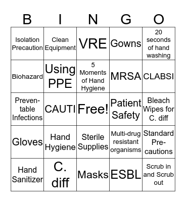 Infection Prevention Bingo Card