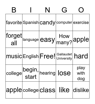 ASL 1 Vocabulary Review Bingo Card
