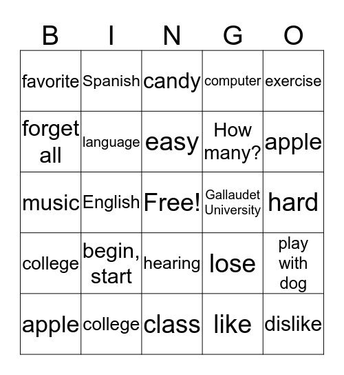 ASL 1 Vocabulary Review Bingo Card