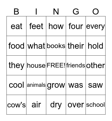 High Frequency Words  Bingo Card