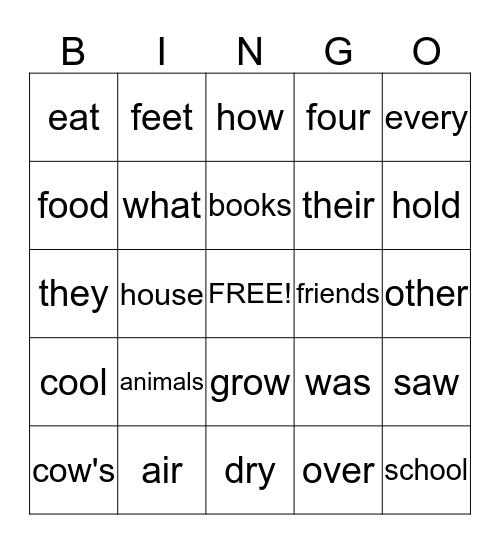 High Frequency Words  Bingo Card