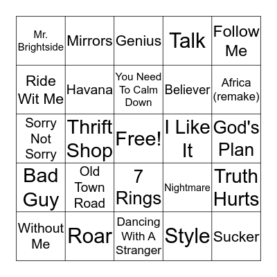 Today's Hits (2010-Today) Bingo Card