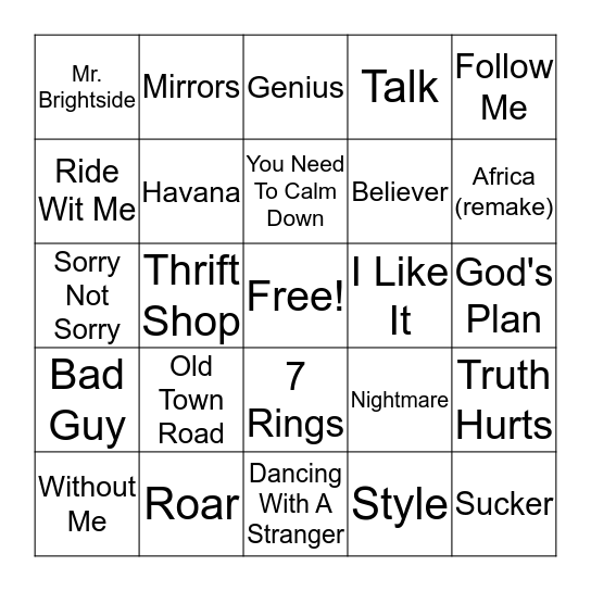 Today's Hits (2010-Today) Bingo Card
