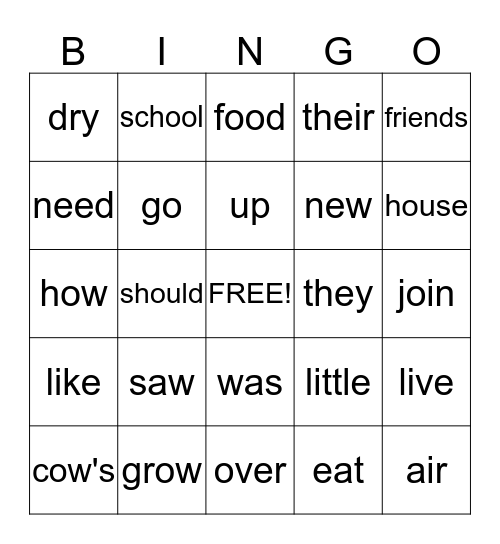 High Frequency Words Bingo Card