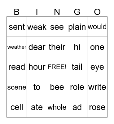 Homophones/ Homonyms Bingo Card