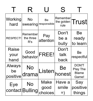 Respectful Bingo "TRUST" Bingo Card