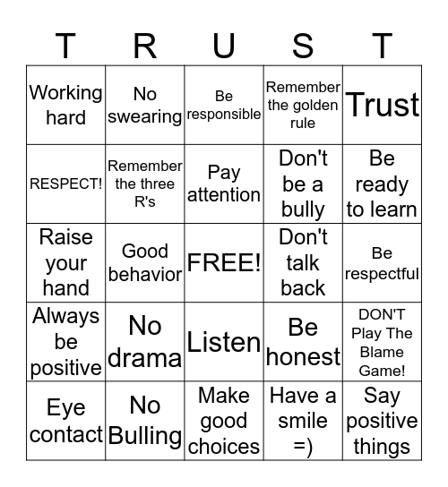 Respectful Bingo "TRUST" Bingo Card