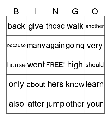 Sight Words Bingo Card