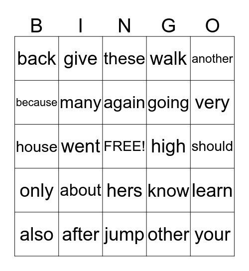 Sight Words Bingo Card