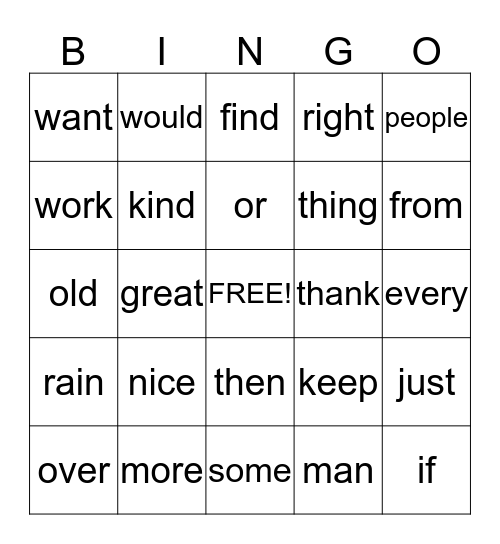 More Sight Words Bingo Card
