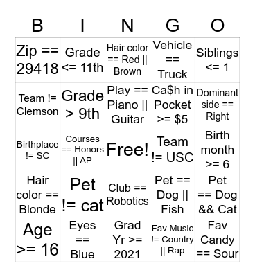 APCSP Boolean Bingo Card